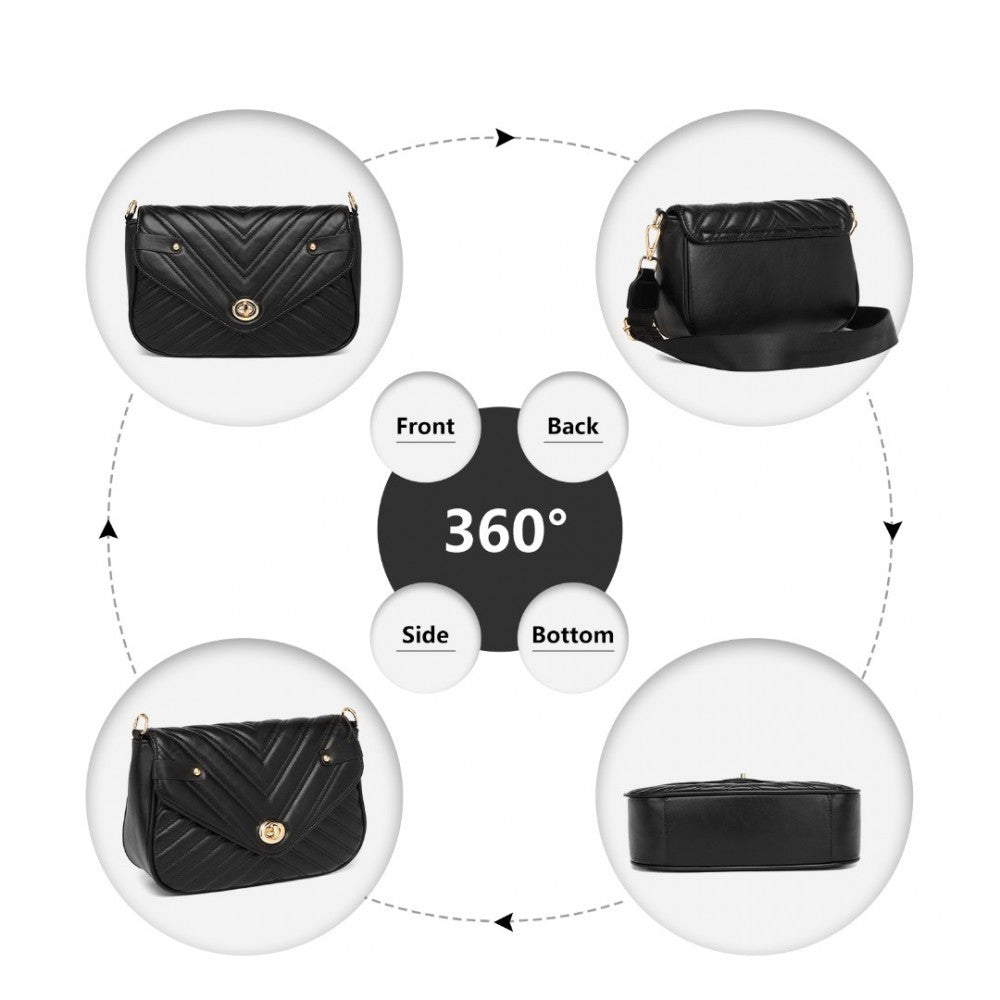 Miss Lulu V-Quilted Flap Leather Shoulder Bag - Black