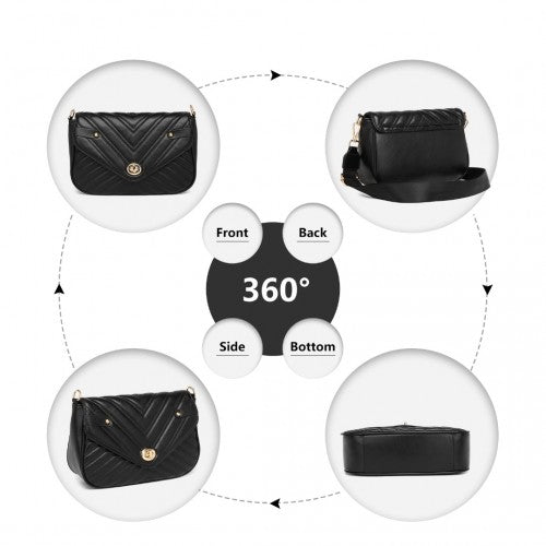 Miss Lulu V-Quilted Flap Leather Shoulder Bag - Black