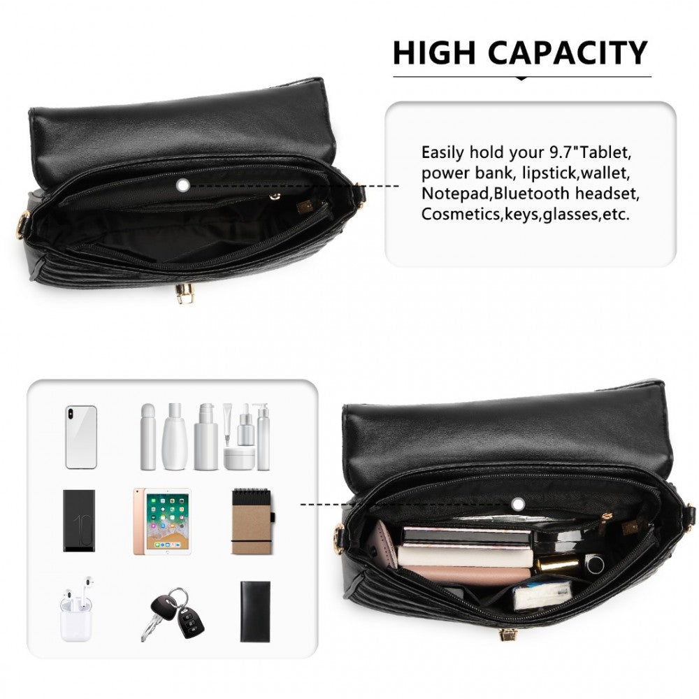 Miss Lulu V-Quilted Flap Leather Shoulder Bag - Black