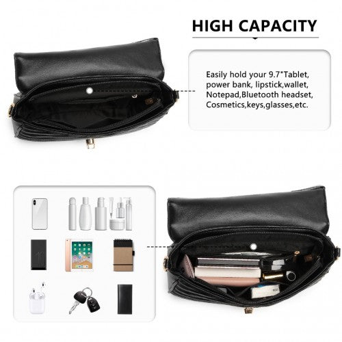Miss Lulu V-Quilted Flap Leather Shoulder Bag - Black