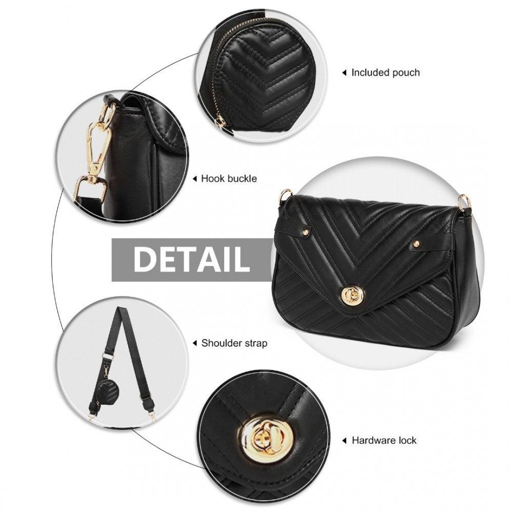 Miss Lulu V-Quilted Flap Leather Shoulder Bag - Black