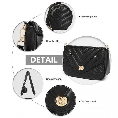 Miss Lulu V-Quilted Flap Leather Shoulder Bag - Black