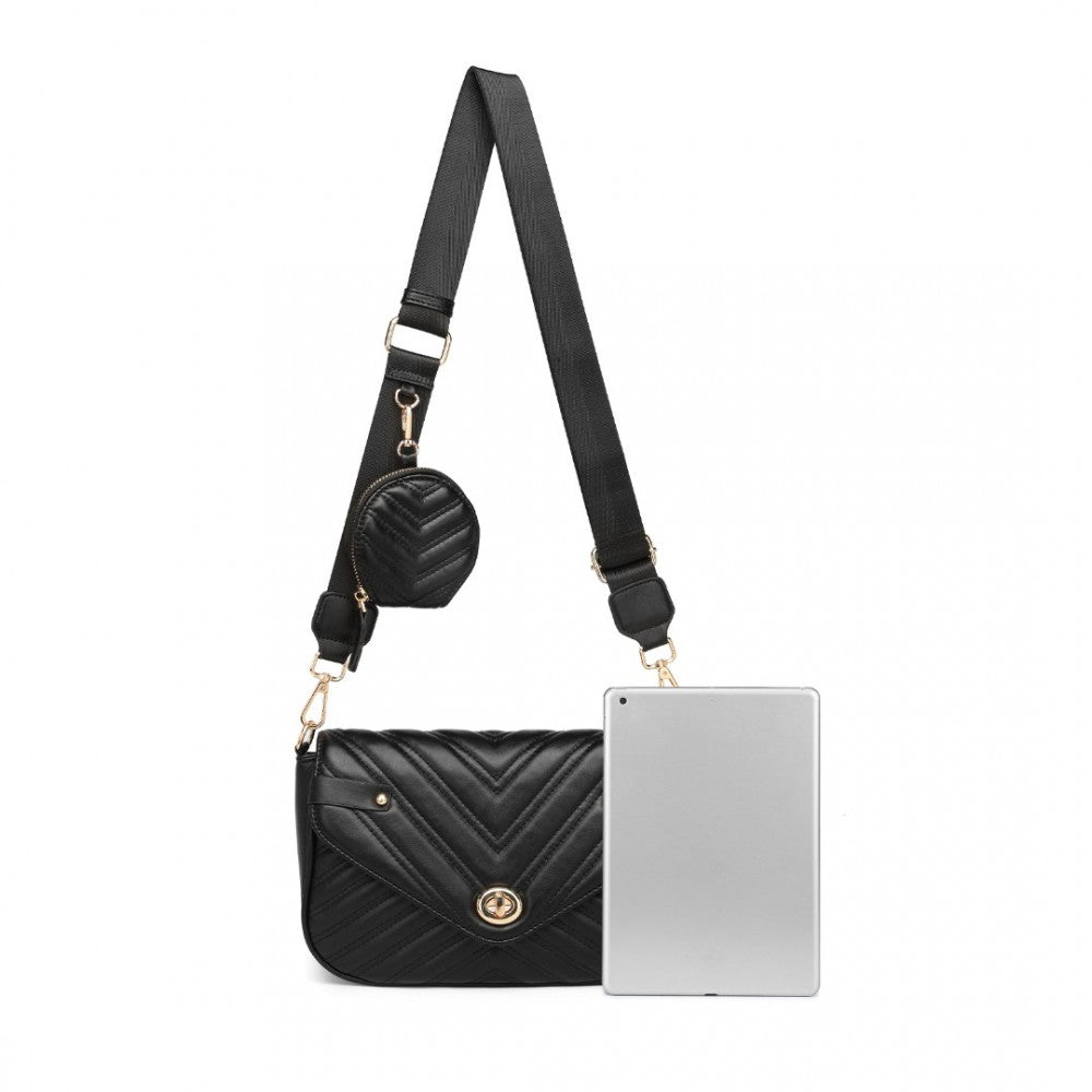 Miss Lulu V-Quilted Flap Leather Shoulder Bag - Black