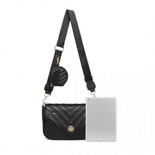 Miss Lulu V-Quilted Flap Leather Shoulder Bag - Black