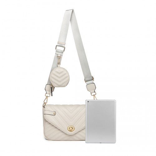 Miss Lulu V-Quilted Flap Leather Shoulder Bag - Grey