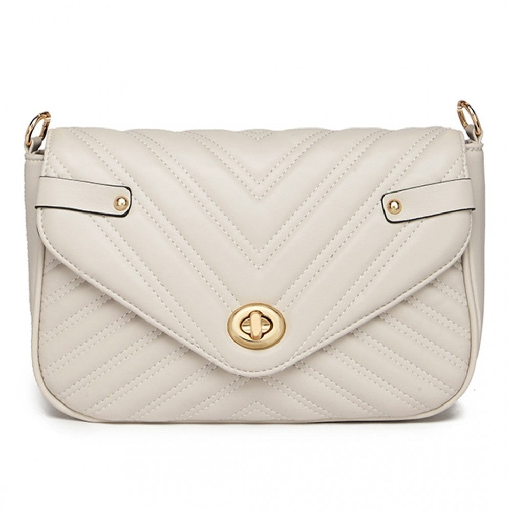 Miss Lulu V-Quilted Flap Leather Shoulder Bag - Grey