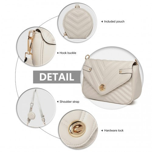 Miss Lulu V-Quilted Flap Leather Shoulder Bag - Grey