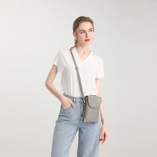 Miss Lulu Touch Screen Genuine Leather Small Crossbody Bag - Grey