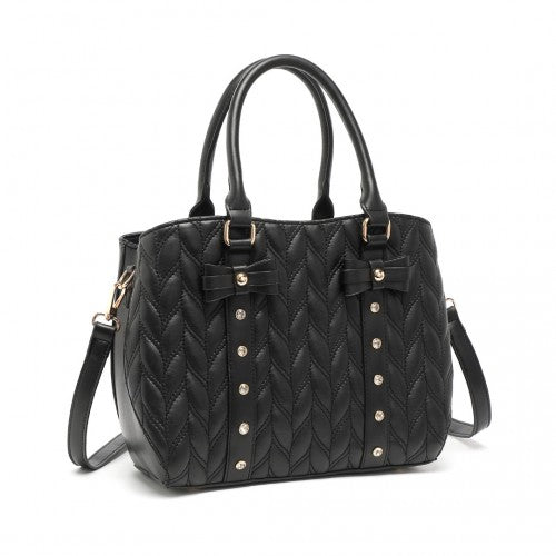 Miss Lulu Chic Quilted PU Leather Tote Handbag With Bow Accents - Black