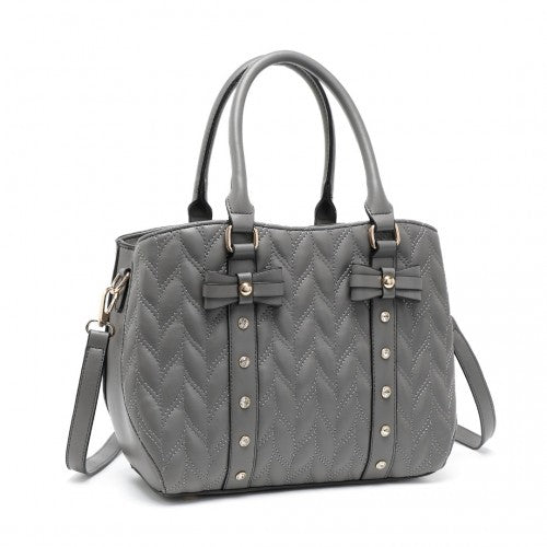 Miss Lulu Chic Quilted PU Leather Tote Handbag With Bow Accents - Grey