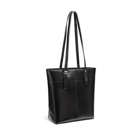 Miss Lulu Genuine Leather Tote Handbag - Black