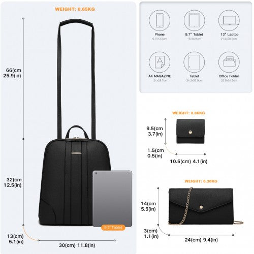 Miss Lulu 3 Piece Elegant Leather Backpack Set - Black