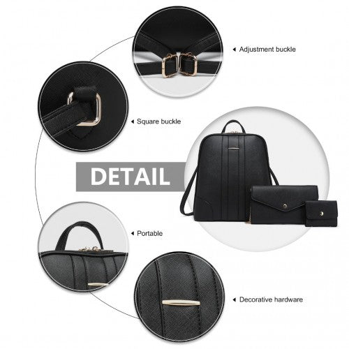 Miss Lulu 3 Piece Elegant Leather Backpack Set - Black