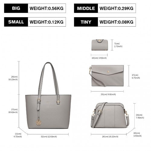 Miss Lulu 4 Piece Classic Sleek Handbag Set - Grey