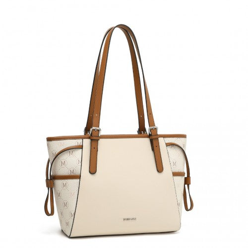 Miss Lulu Elegant Tote Bag With Monogram Pattern - Beige And Brown