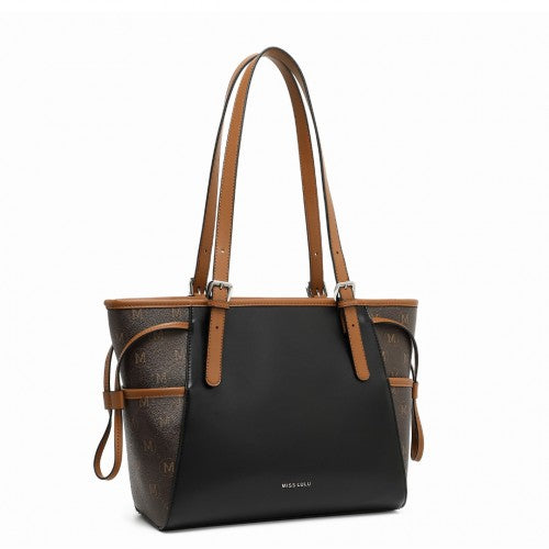Miss Lulu Elegant Tote Bag With Monogram Pattern - Black And Brown