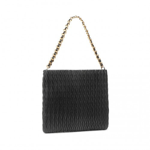 Miss Lulu Sophisticated Embossed PU Leather Commuter Shoulder Bag With Chain Strap - Black