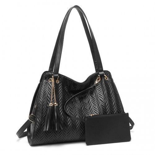 Miss Lulu Chic Embossed Tote With Tassel Detail And Card Pouch - Black