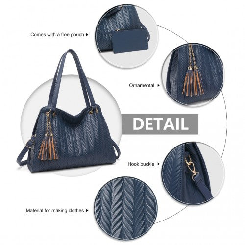 Miss Lulu Chic Embossed Tote With Tassel Detail And Card Pouch - Navy
