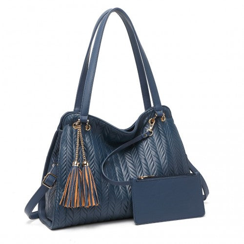 Miss Lulu Chic Embossed Tote With Tassel Detail And Card Pouch - Navy