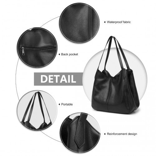 Miss Lulu Soft Leather Multiple Pocket Tote Shoulder Bag - Black