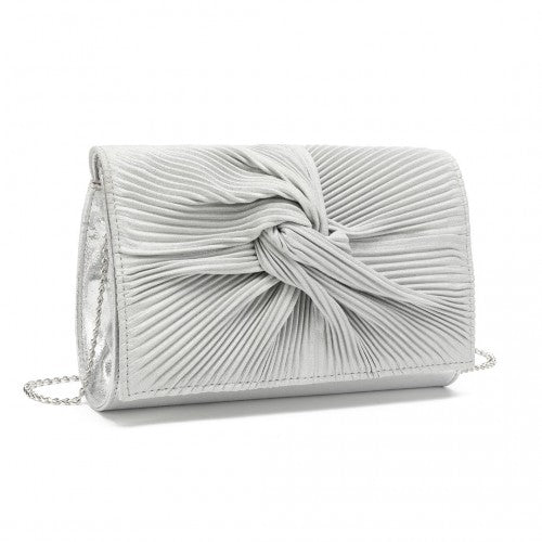 Miss Lulu Women's Pleated Bow Evening Bag Clutch Handbag - Silver