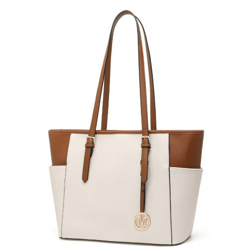 Miss Lulu Faux Leather Adjustable Handle Tote Bag - Beige And Light Brown