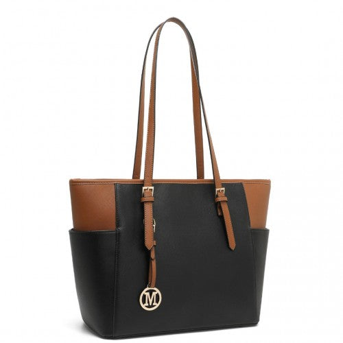 Miss Lulu Faux Leather Adjustable Handle Tote Bag - Black And Brown
