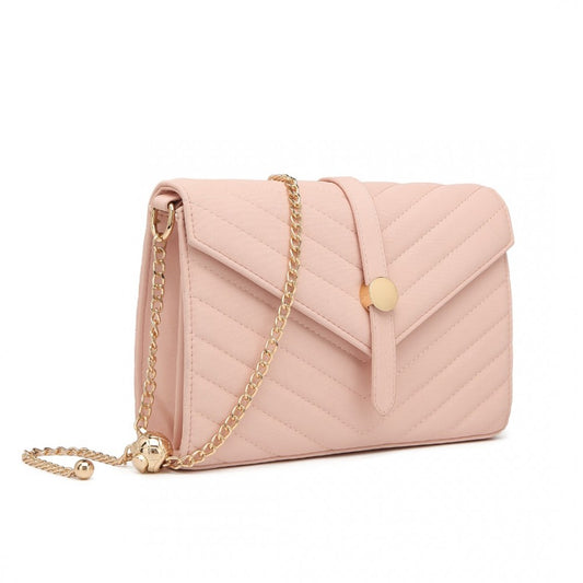 Miss Lulu V-Stitched Flap Leather Chain Bag - Pink