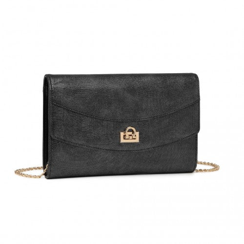 Miss Lulu Elegant Flap Clutch Leather Chain Evening Bag -Black