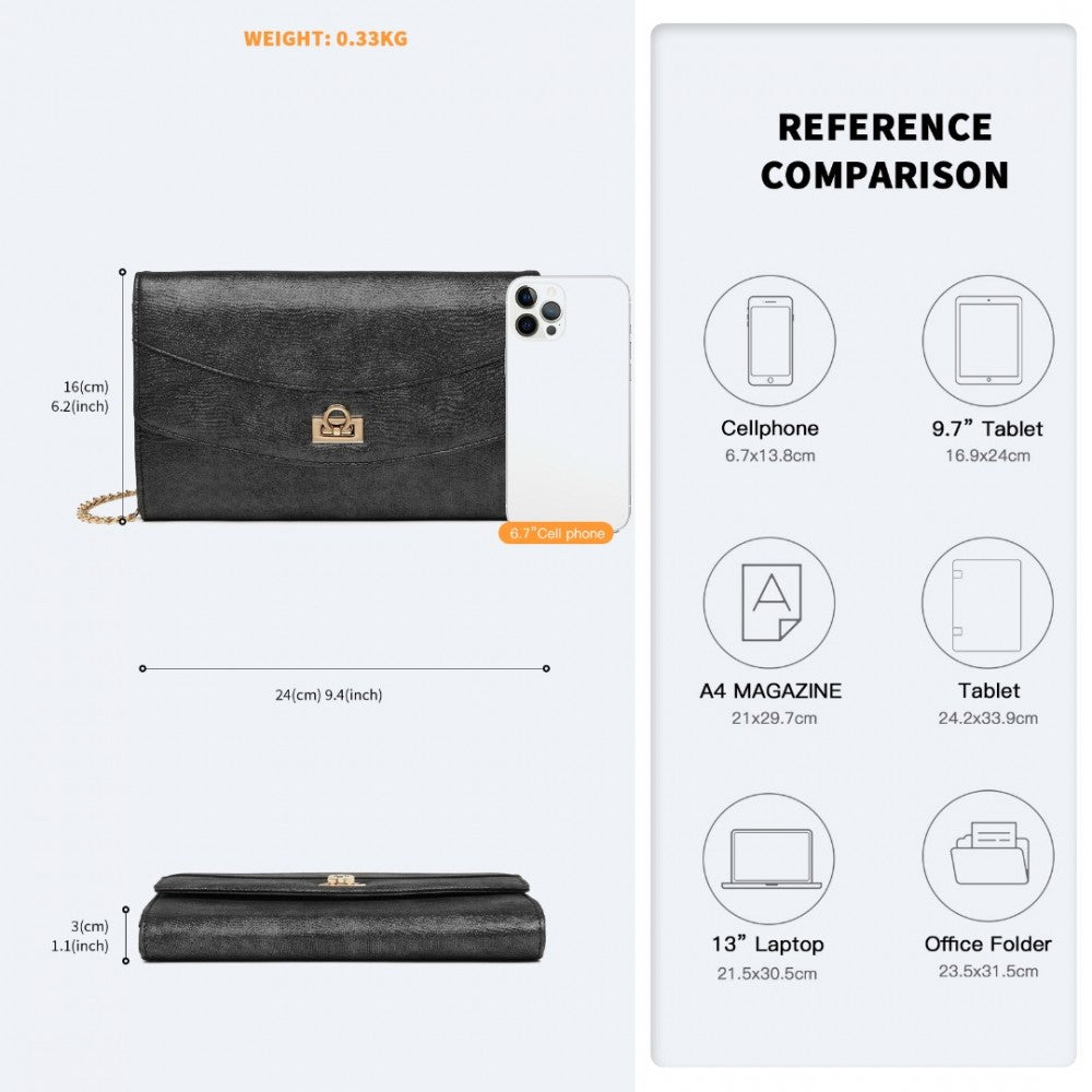 Miss Lulu Elegant Flap Clutch Leather Chain Evening Bag -Black
