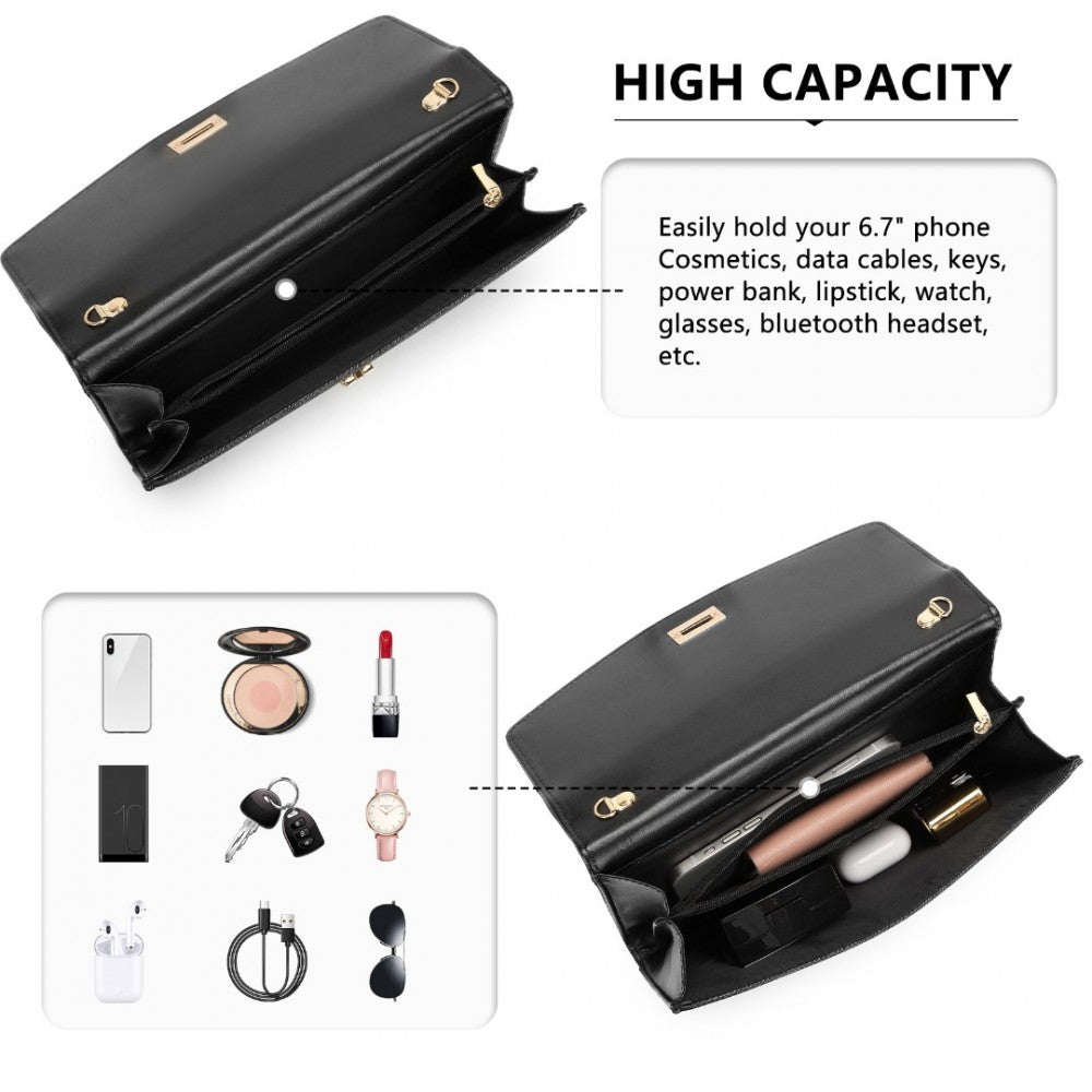 Miss Lulu Elegant Flap Clutch Leather Chain Evening Bag -Black