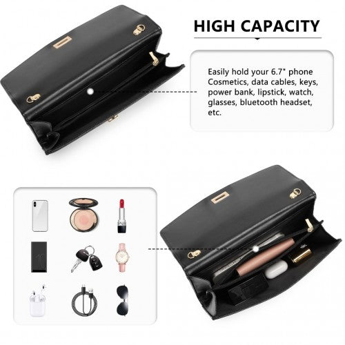 Miss Lulu Elegant Flap Clutch Leather Chain Evening Bag -Black