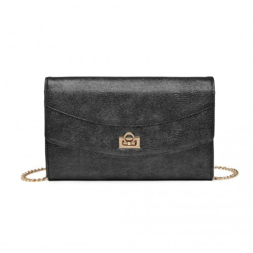 Miss Lulu Elegant Flap Clutch Leather Chain Evening Bag -Black