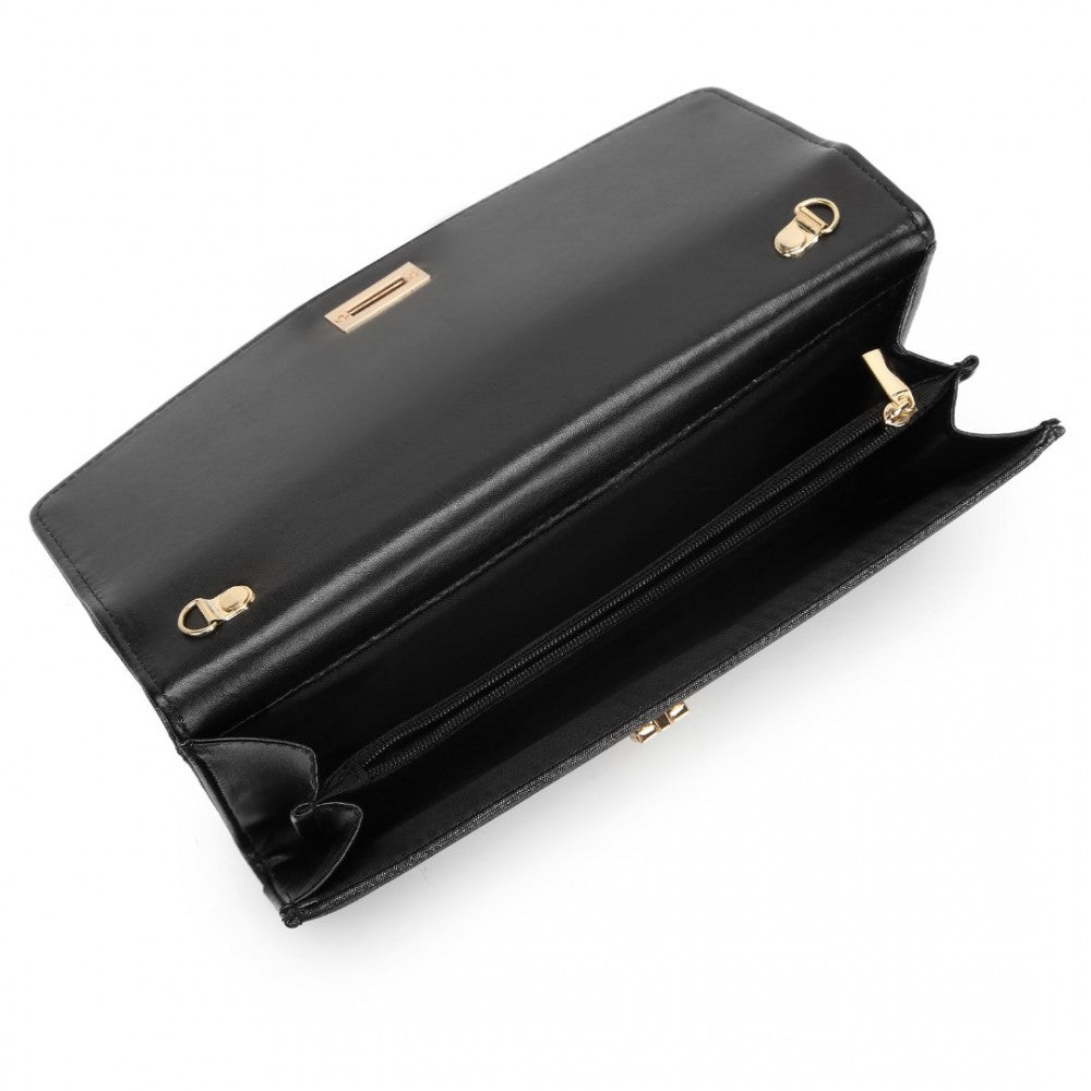 Miss Lulu Elegant Flap Clutch Leather Chain Evening Bag -Black