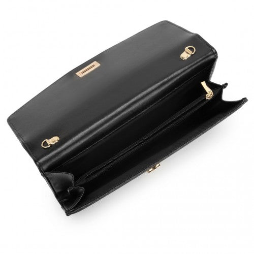 Miss Lulu Elegant Flap Clutch Leather Chain Evening Bag -Black