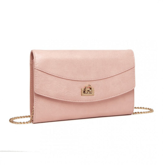Miss Lulu Elegant Flap Clutch Leather Chain Evening Bag - Pink