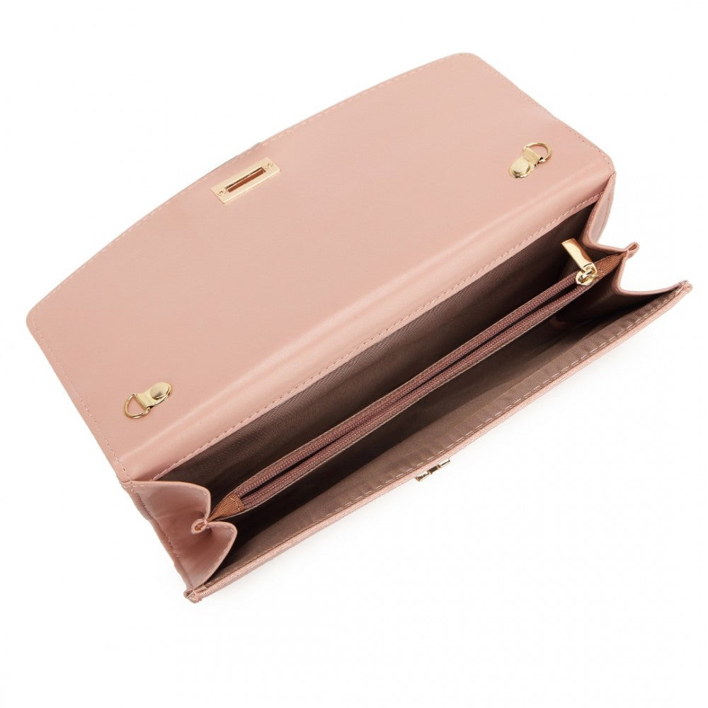 Miss Lulu Elegant Flap Clutch Leather Chain Evening Bag - Pink