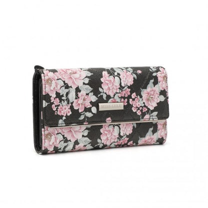 Miss Lulu Ladies' Flower Printed PU Leather Long Purse - Black