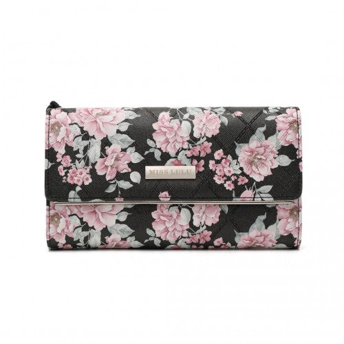 Miss Lulu Ladies' Flower Printed PU Leather Long Purse - Black