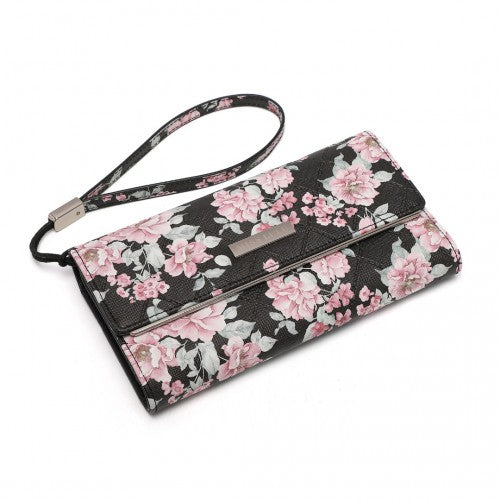 Miss Lulu Ladies' Flower Printed PU Leather Long Purse - Black