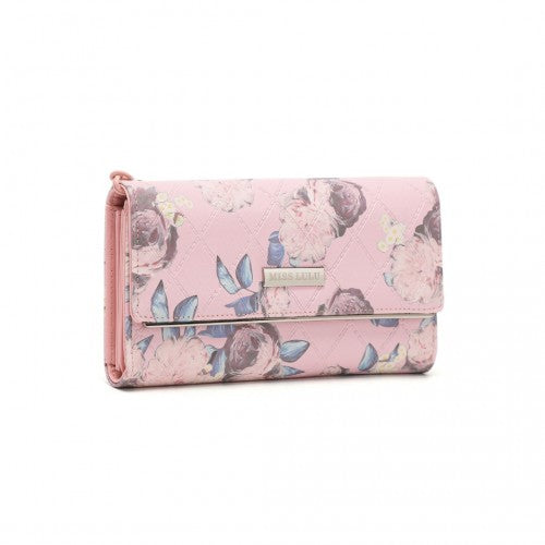 Miss Lulu Ladies' Flower Printed PU Leather Long Purse - Pink