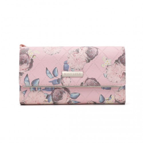 Miss Lulu Ladies' Flower Printed PU Leather Long Purse - Pink