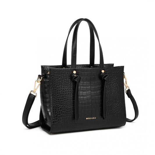 Miss Lulu Crocodile Pattern Large Capacity Leather Cross-Body Handbag - Black