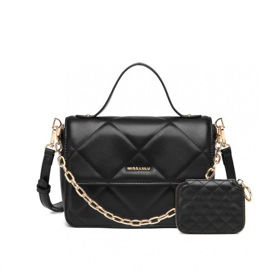 Miss Lulu Diamond Quilted Leather Chain Shoulder Bag - Black
