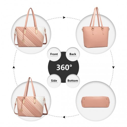 Miss Lulu Contrast Colour Twill Leather Handbag Tote Bag - Pink