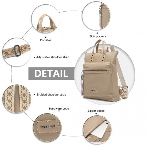 Miss Lulu Signature Style Backpack With Unique Details - Khaki
