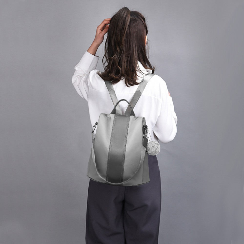 Miss Lulu Two Way Backpack Shoulder Bag With Pom Pom Pendant - Grey