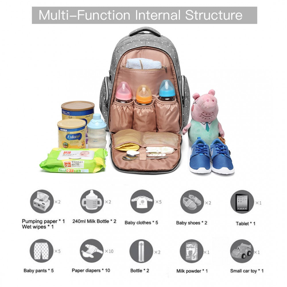 Kono Large Capacity Multi Function Baby Diaper Backpack Polka Dot Grey