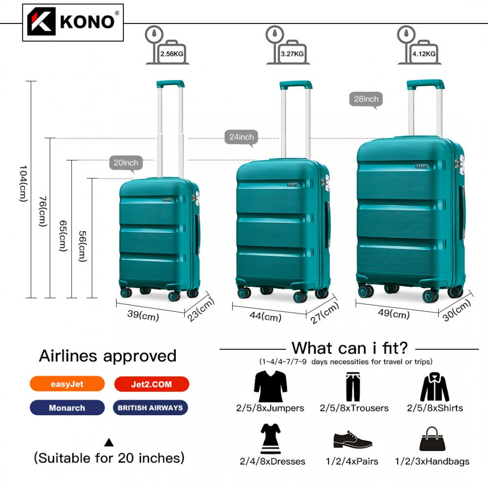 Kono Bright Hard Shell PP Suitcase 3 Pieces Set - Classic Collection - Blue/Green